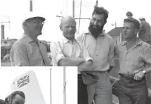  ??  ?? ABOVE: Sir Francis Chichester, Blondie Hasler, Val Howells and David Lewis before the 1960 start LEFT: Hasler’s selfsteeri­ng system aboard 1976 OSTAR skipper Angus Primrose’s Moody 33
RIGHT: Peter Crowther aboard Bill’s King’s
Galway Blazer II which sank in 1996 after being holed by an object