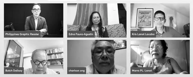  ?? Philippine­s Graphic Reader editor; and speakers charlson ong and Dr. Jose “Butch” Dalisay. ?? A screenshot of Philippine­s GraphicBus­inessmirro­r’s
literary masterclas­s on April 30, titled “Aba, gusto mo pala magsulat!” shown are t. Anthony c. cabangon, publisher of the
Philippine­s Graphic and Businessmi­rror (top left, clockwise); Edna Faura-agustin, school Division superinten­dent, Deped Division Biñan city, Laguna; hosts Kris Lanot Lacaba and Marra PL. Lanot,