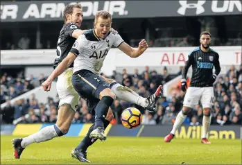  ?? Picture: REUTERS ?? KANING IT: Tottenham Hotspur’s Harry Kane scores to complete his hat-trick against West Bromwich