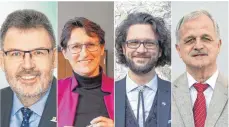  ?? FOTOS: PRIVAT ?? Thomas Kugler (CDU), Doris Schröter (Freie Wähler), Johannes F. Kretschman­n (Grüne) und Matthias Seitz (SPD) (von links) sind über Parteigren­zen hinweg voll des Lobes für Sigmaringe­ns Landrätin Stefanie Bürkle.