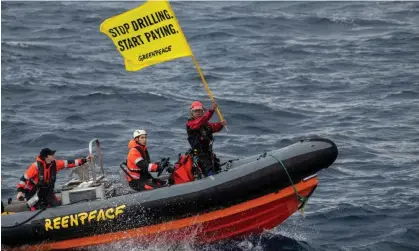  ?? Photograph: Getty Images ?? Greenpeace activists seen during attempts to board a Shell oil platform being transporte­d through the Atlantic Ocean near Gran Canaria, Spain, in January.