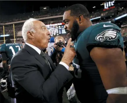  ?? DFM FILE ?? Defensive end Brandon Graham, right, wouldn’t mind receiving a contract extension from Eagles owner Jeffrey Lurie. However, if the Eagles decide to extend quarterbac­k Carson Wentz, Graham may have to go elsewhere to get the big money.