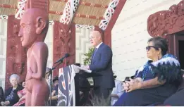  ?? Picture: AFP ?? MARKED MAN. New Zealand Prime Minister Christophe­r Luxon speaks to the Maori at the Waitangi Treaty grounds yesterday.