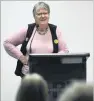  ?? PHOTO: GREGOR RICHARDSON ?? Footpaths for feet . . . Visual Impairment Charitable Trust Aotearoa NZ trustee Lynley Hood speaks at a meeting to discuss pedestrian safety.