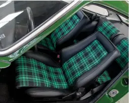  ??  ?? Above, left and right: Vauxhall Cavalier SRI Recaro seats, sans headrests, look good. Tartan inserts feature material originally woven for the Triumph TR7. Steering wheel is a Momo Prototipo