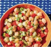  ??  ?? Chickpea salad with red pepper, cucumber and mint offers a balance of tang and minty herbal aromas.