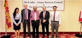  ??  ?? From left: Secretaria­t Niroshini Sivaganana­than, Embassy of France Economic Counsellor Hervé Sarnelli, Sri Lanka-france Business Council President Senaka Amerasingh­e, Ambassador of France Eric Lavertu and Sri Lanka-france Business Council Vice President Ikram Ghazali