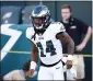  ?? CHRIS SZAGOLA — THE ASSOCIATED PRESS ?? Eagles running back Kenny Gainwell, warming up before last Thursday’s preseason game with Pittsburgh, impressed coaches with his blocking and his playmaking in his exhibition debut.