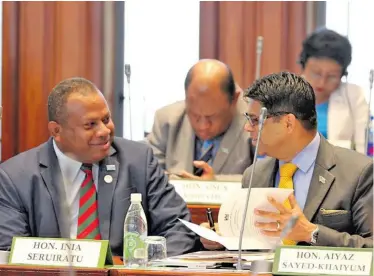  ?? Photo: Parliament of Fiji ?? From left: Minister Inia Seruiratu and Attorney-General and Acting Prime Minister Aiyaz Sayed-Khaiyum in Parliament on March 12, 2018.