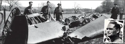  ??  ?? Crash site: Soldiers guard the wreckage of the Messerschm­itt, piloted by Rudolf Hess, inset, after it came down near Eaglesham