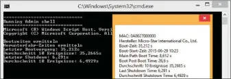  ??  ?? Starten und Beenden analysiere­n: Das VB-Script PC-WELT-Performanc­e liefert unter anderem die letzte Bootzeit und Durchschni­ttswerte maximal der letzten 20 Ereignisse aus dem Windows-Protokoll.