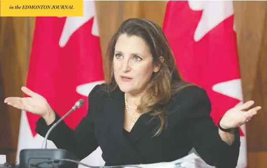  ?? ADRIAN WYLD/THE CANADIAN PRESS ?? Finance Minister Chrystia Freeland faces a news conference in Ottawa on Monday, where she delivered the government's first budget since the COVID-19 pandemic began.