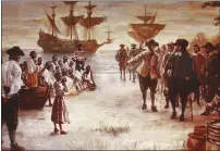  ??  ?? An engraving depicts the sale of slaves in Virginia in 1619.