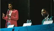  ?? KIM HAIRSTON/STAFF ?? Prince George’s County Executive Angela Alsobrooks, with Marcellus Crews at right, speaks at a forum for Democratic U.S. Senate candidates Saturday at the 2640 SPACE in Charles Village.