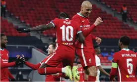  ??  ?? Sadio Mané celebrates with Fabinho after scoring for Liverpool. Photograph: Getty