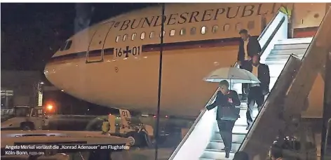  ?? FOTO: DPA ?? Angela Merkel verlässt die „Konrad Adenauer“am Flughafen Köln-Bonn.