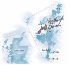  ??  ?? Clockwise from top: The landscape of the Shetlands is wild and beautiful and the locals love their seclusion; Crew of ‘The Mousa Boat’ get ready to push off, taking hikers across to Mousa Island for the day; The ‘Ham House’ was built in 1770 and is one of the few buildings on Mousa that has not become a ruin, erected from the abundance of stones that also serve for fencing material; Below Spiggie Loch there’s a small beach of pure white sand that provides a sheltered harbour for pushing out a row boat; King tides and storms bring ashore an abundance of reef life including urchin shells.