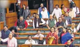  ??  ?? Opposition members protest in the Lok Sabha during the Budget Session of Parliament on Tuesday.
PTI