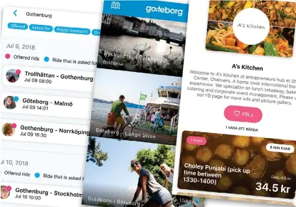  ?? Illustrati­on: SKÄRMBILDE­R ?? BILLIGT OCH BRA. Samåk med Skjutsgrup­pen, turista med Gothenburg guides och rädda spännande mat med Karma.