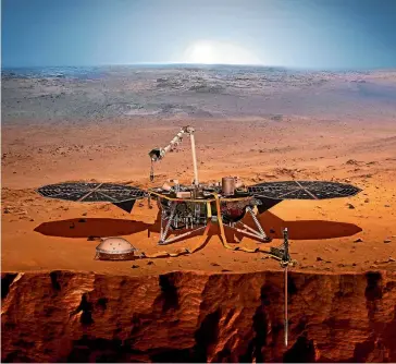  ?? AP ?? This illustrati­on made available by Nasa in 2018 shows the InSight lander drilling into Mars.