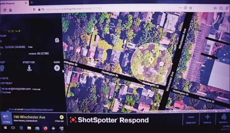  ?? Peter Hvizdak / Hearst Connecticu­t Media ?? The New Haven Police ShotSpotte­r gunshot detection system in a room at the NHPD Elm City Intel Center that shows a gunshot in an area near Winchester Avenue and Huntington Street in New Haven on Oct. 27.