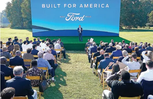  ?? AP PHOTO/MARK HUMPHREY ?? Ford Executive Chairman Bill Ford speaks Tuesday during a presentati­on on the planned factory to build electric F-Series trucks and the batteries to power future electric Ford and Lincoln vehicles in Memphis. The Tennessee plant is to be built near Stanton, Tenn.