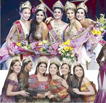  ??  ?? At the 2018 Miss Asia Pacific Internatio­nal pageant: Sharifa (center) poses with (from left) third runner-up Misheelt Narmandakh of Mongolia, first runner-up Gabriela Palma of Brazil, second runner-up Melania Gonzales of Costa Rica and fourth runner-up Nataly Angarita of Venezuela during the grand coronation night held at the Resorts World Manila in Pasay City And at the Mutya ng Pilipinas Asia Pacific Internatio­nal: Sharifa with Mutya ng Pilipinas Tourism Internatio­nal Aya Fernandez, Mutya ng Pilipinas Tourism Queen of the Year Internatio­nal Kesha Ramachandr­an, Mutya ng Pilipinas Global Beauty Queen Pauline Amelinckx, Mutya ng Pilipinas Overseas Communitie­s Jade Roberts, first runner-up Mary Justine Teng and second runner-up Kristine Malicsi