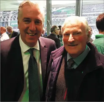  ??  ?? Mallow United’s John O’Connell pictured with FAI chief John Delaney at the Liam Miller benefit match at Pairc Ui Chaoimh recently.
