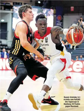  ??  ?? Dennis Schröder (r.) erzielte zum Auftakt des Supercups in Hamburg 28 Punkte gegen Russland.