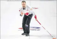  ?? CP PHOTO ?? Canada skip Brad Gushue calls to his sweepers during a draw against Norway at the World Men’s Curling Championsh­ip in Las Vegas, Nev., Wednesday.