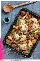  ?? ?? Lorraine Kelly, left, and above is the traybake Sunday roast made during the WeightWatc­hers cook-along with chef Zena Kamgaing