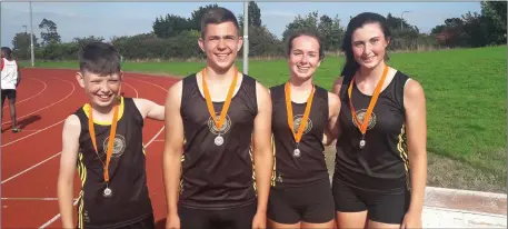  ??  ?? Dunleer AC’s Under-15 mixed relay team who came second at the Boyne Sports, from left; Sean Mc Evoy, Karlis Kaugars, Aeyla Orr and Grace Fitzpatric­k.