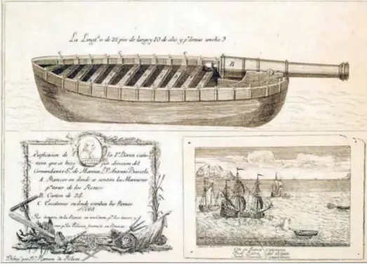  ??  ?? Lancha cañonera diseñada por don Antonio Barceló para el sitio de Gibraltar que, más tarde, se usó para la actividad corsaria.