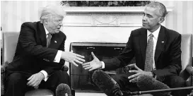  ?? PHOTO: REUTERS ?? US President Barack Obama (right) and President-elect Donald Trump on Thursday discussed a range of domestic and foreign policy issues at the White House during their first meeting in the Oval Office since Trump’s stunning election victory