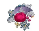  ?? Leaping Koi brooch in rubellite, ANNA HU ?? JEWELLERY FROM TOP Jadeite Cloud &amp; Wind earrings in 18ct gold and diamonds, FEI LIUThe Bird’s Secret Garden spectacles, ANITA SO