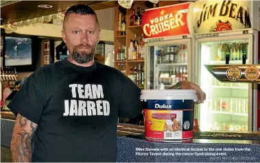  ?? PHOTO: MATTHEW TSO/STUFF ?? Mike Stevens with an identical bucket to the one stolen from the Fitzroy Tavern during the cancer fundraisin­g event.