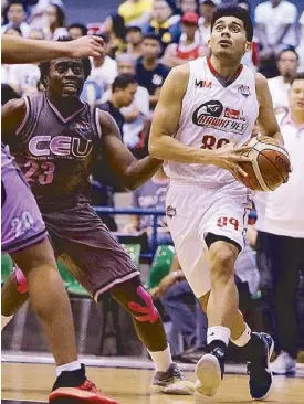  ?? PBA IMAGE ?? Cignal HD’s Chris Sumalinog eludes CEU’s Rod Ebondo for a drive in Game 2 of the PBA D-League Foundation Cup finals.