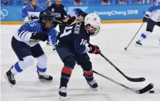  ?? HYOUNG CHANG / THE DENVER POST ?? ‘OUT OF OUR CONTROL’: USA’s Brianna Decker, right, controls the puck against Finland’s Minnamari Tuominen during the 2018 Women’s Worlds.