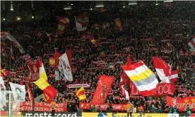  ??  ?? Packed stands at Anfield for Liverpool’s Champions League game against Atlético Madrid. Photograph: DeFodi Images/Getty Images