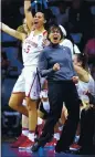  ?? ORLIN WAGNER — THE ASSOCIATED PRESS ?? Stanford coach Tara VanDerveer celebrates during a game against Kansas State in Manhattan, Kan., in 2017.