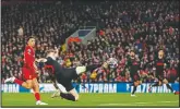  ?? (File Photo/AP/Jon Super) ?? Atletico Madrid’s Kieran Trippier attempts a shot at goal in front of Liverpool’s Trent Alexander-Arnold on March 11, 2020, during a second leg, round of 16, Champions League soccer match between Liverpool and Atletico Madrid at a packed Anfield stadium in Liverpool, England.