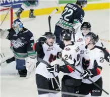  ?? Christina Ryan/calgary Herald ?? Calgary Hitmen beat the Seattle Thunderbir­ds handily in the team’s last game at the Scotiabank Saddledome before hitting the road.