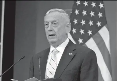  ?? The Associated Press ?? MATTIS: In this Feb. 16 photo, Defense Secretary Jim Mattis speaks in Brussels. Mattis is not lonely in the Pentagon, but two months into his tenure as secretary of defense not a single political appointee has joined him. The retired Marine general,...