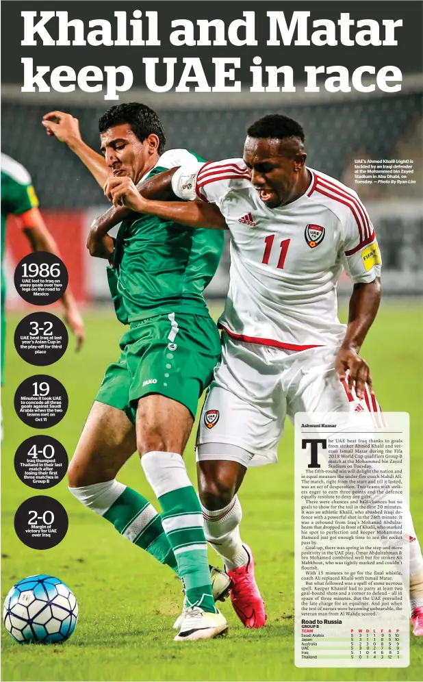  ?? Photo By Ryan Lim ?? 1986
UAE lost to Iraq on away goals over two legs on the road to Mexico
3-2
UAE beat Iraq at last year’s Asian Cup in the play-off for third place.
19
Minutes it took UAE to concede all three goals against Saudi Arabia when the two teams met on...