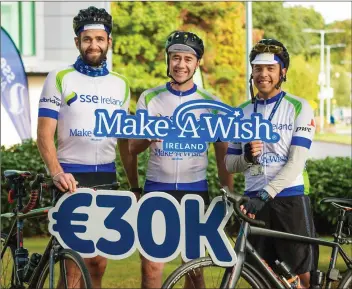  ??  ?? Emmet Wardell from Tinahely, Peter Campbell from Bray and David Noronha from Greystones, who took part in the 400km SSE Ireland Charity Cycle which raised almost €35,000 for Make-A-Wish.