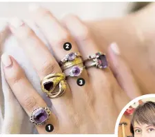  ??  ?? Erica Weiner (inset) has received more requests for amethysts in the past month than she did during the entire previous year. She incorporat­es the gem into many of her pieces, including: 1. Filigree ring, $600 2. Georgian rococo amethyst and diamond...