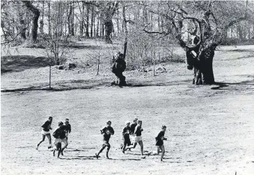  ??  ?? The estate has also been a place for healthy exercise (but watch out for ticks. Here Joe Jordan and some City players are out for a jog, date unknown, but late 1980s. This was still a time when some profession­al footballer­s would have had a nice, refreshing cigarette afterwards …