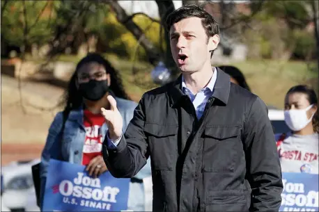  ?? JOHN BAZEMORE — THE ASSOCIATED PRESS ?? Democratic nominee for U.S. Senate from Georgia Jon Ossoff speaks after voting early in Atlanta on Tuesday, Dec. 22, 2020. For the second time in three years, Jon Ossoff is campaignin­g in overtime.