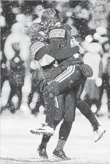  ?? CANADIAN PRESS FILE PHOTO ?? Lirim Hajrullahu celebrates his field goal with backup quarterbac­k Cody Fajardo on Nov. 26.