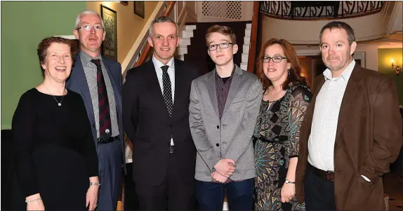  ??  ?? Dr Donal O’Shea (third from left) with Teacher Marie Lawlor, Principal Sean Coffey, Daniel O’Sullivan and his parents Philomela and Dan at the St Brendan’s College Science dinner in the Dromhall Hotel, Killarney on Friday.Photo by Michelle Cooper Galvin